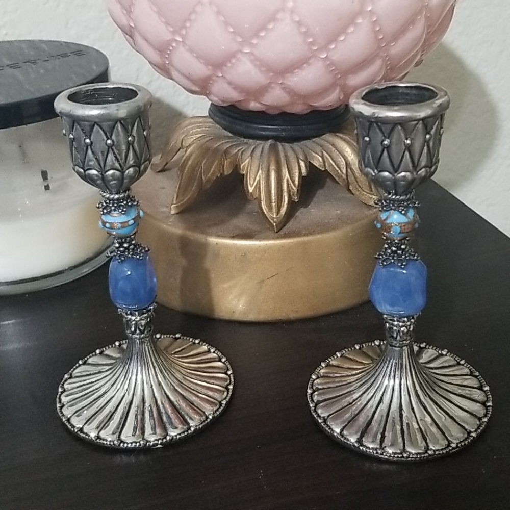 Set of beaded blue candlestick holders